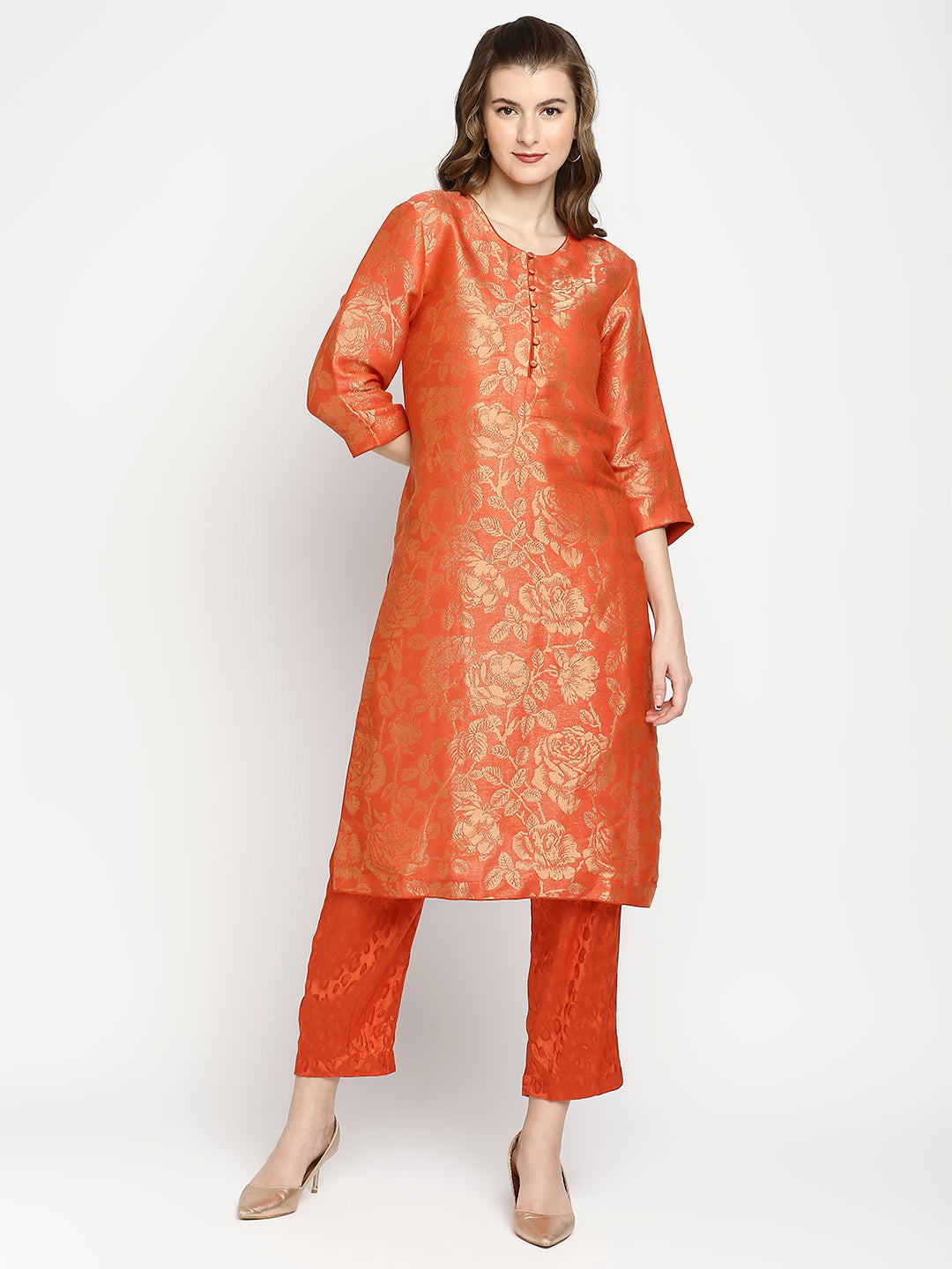 Buy CLOTH HAUS INDIA Orange Rose & Petal Design Brocade Kurti at Amazon.in